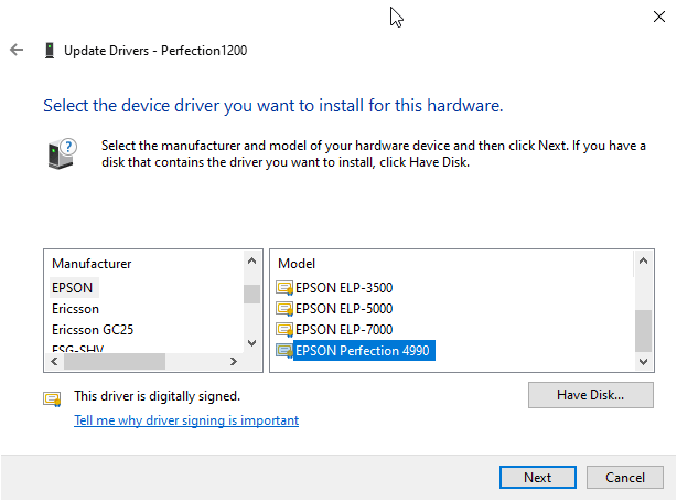 Epson 1200 Driver Setup - Select Epson Perfection 4990