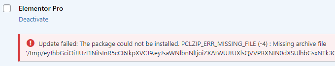 Update failed: The package could not be installed. PCLZIP_ERR_MISSING_FILE (-4) : Missing archive file '/tmp/someverylongfilename.tmp'