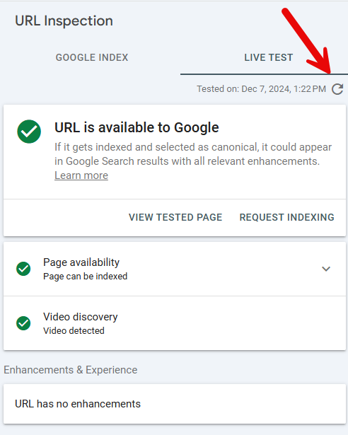 Google Search Console Text Live URL