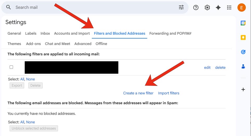 Select "Filters and Blocked Addresses"