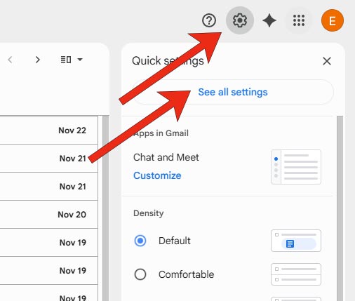 Login to your Gmail / Google Workspace account, click on the gear icon and select "See All Settings"