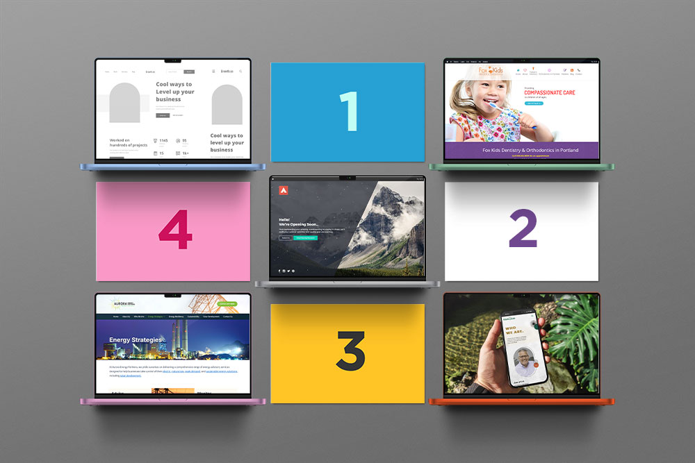 Web Design Process on a Series of Laptops